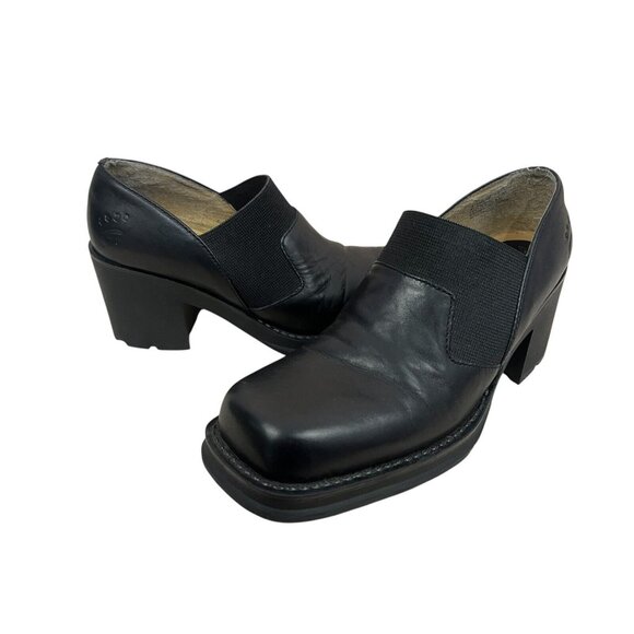 Vtg 90s Y2K Chunky Heel Leather Loafers Sz 8 Black Square Toe Moto Biker Goth - Picture 1 of 8